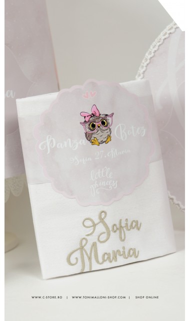 Trusou de botez brodat cu bufnite si anemone pentru fete, Bufnita Petrecareata 2